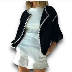 NEW Commense Black Knit Cardigan Sweater Contrast Pearl Trim Oversized Size XS
